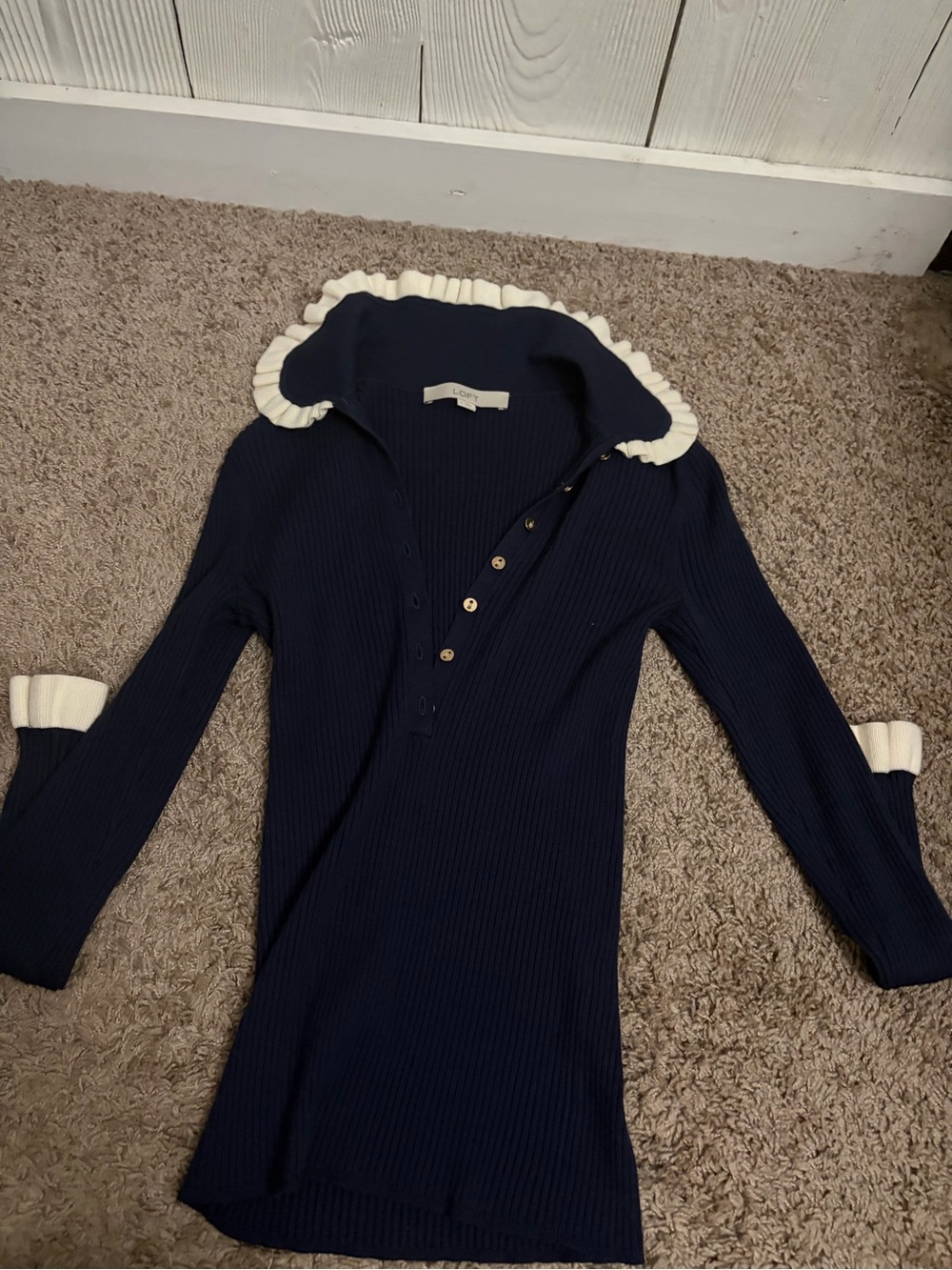 LOFT Navy Blue Ruffle Trim Knit Polo Sweater Small - Picture 5 of 10